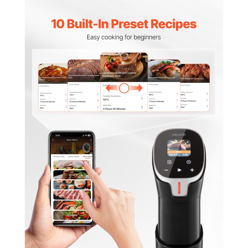 Sous-Vide Precision Cooker, 1100W Sous-Vide vařič, ponorný cirkulátor s WiFi a 10 přednastavenými recepty, LCD dotyková obrazovka, rychlý ohřev, přesná teplota a časovač, ovládání aplikací, Sous-Vide - miniatura 3