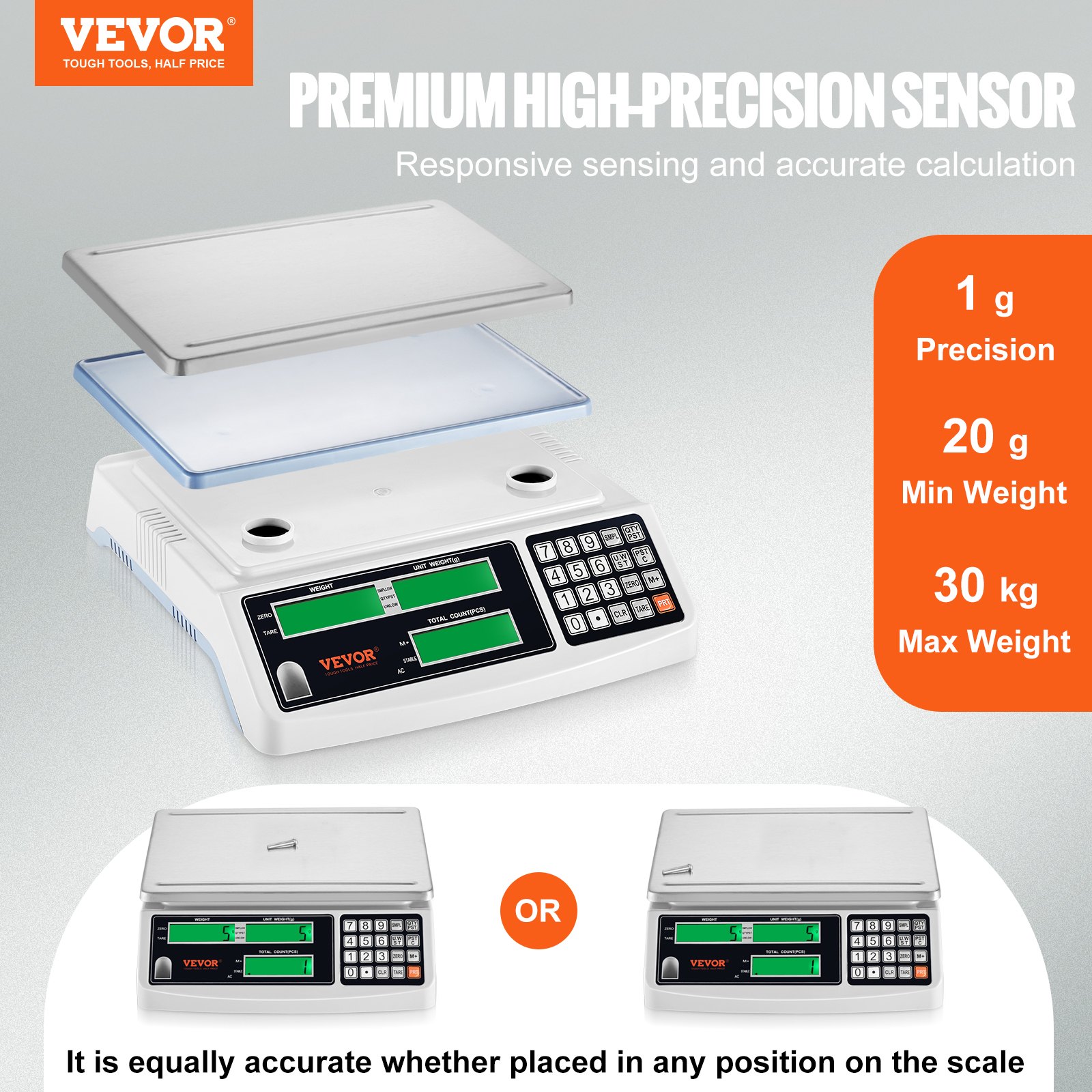 VEVOR Industrial Counting Scale, 30 kg x 1 g, Digital Scale for Parts ...