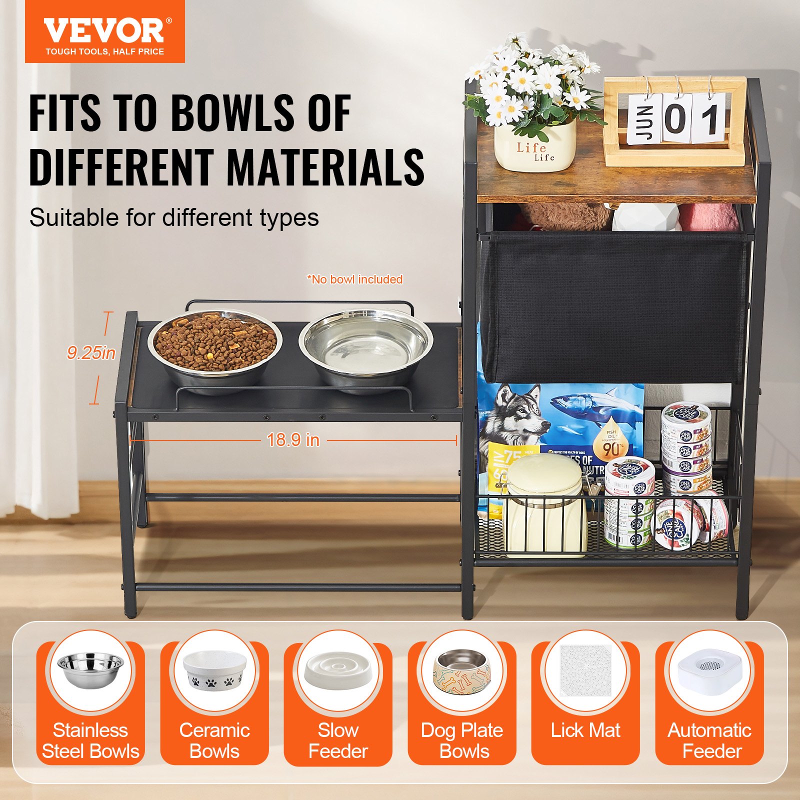 VEVOR Pet Feeding Station with Storage – 18.9 x 9.25 Inches