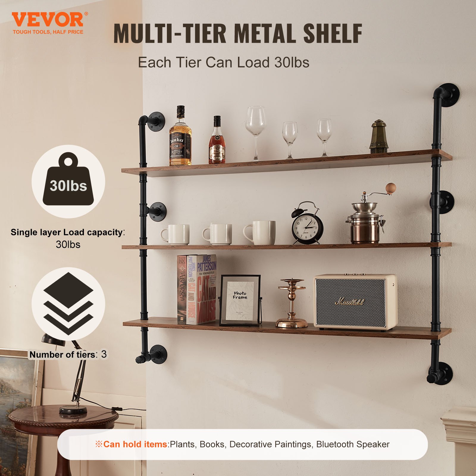 VEVOR Pipe Wall Shelf — 3-Tier Industrial Wood & Metal Rack