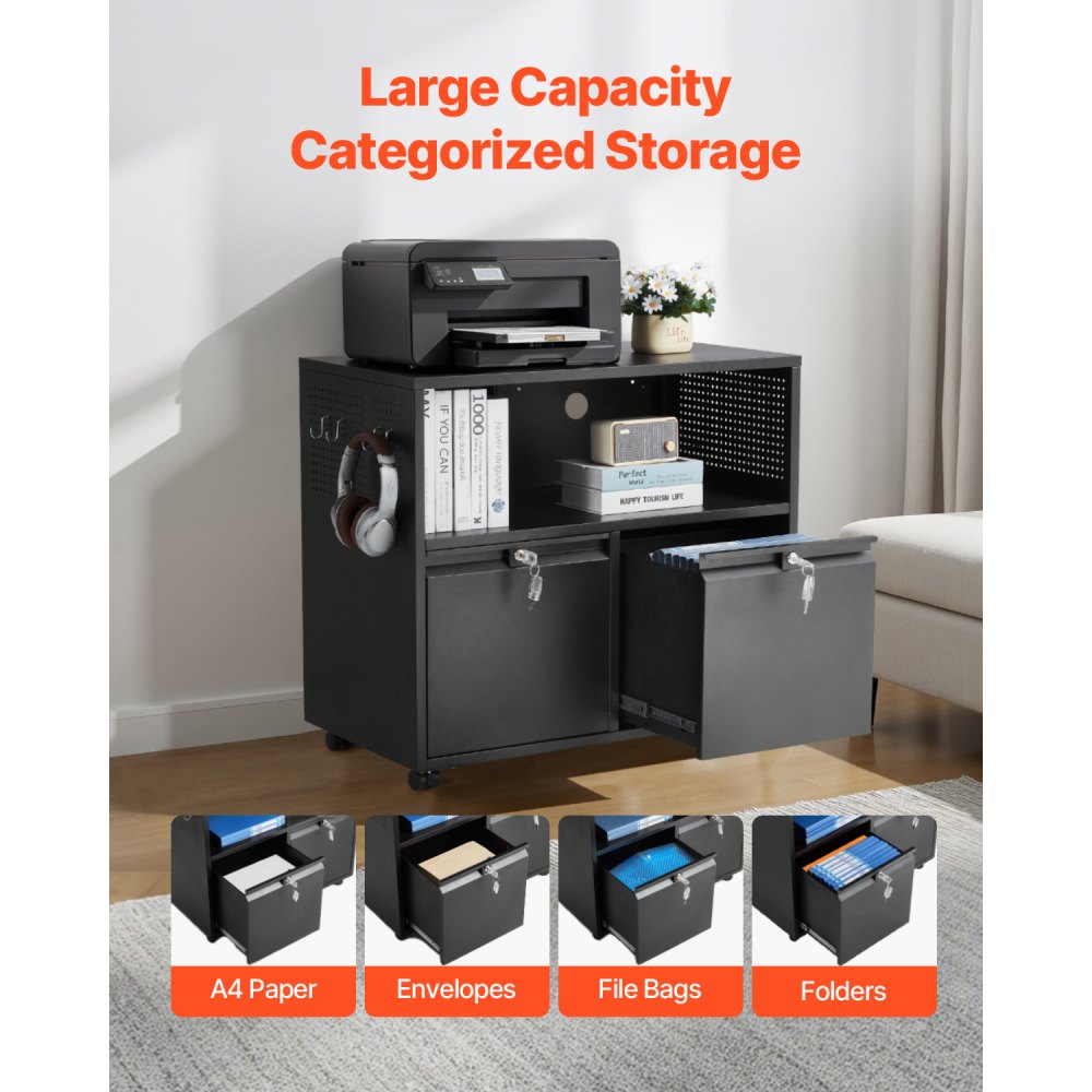 Kovová kartotéka VEVOR se 2 zásuvkami, boční kartotéka se zámkem a nastavitelnými závěsnými tyčemi, široké kartotéky pro domácnost a kancelář, vhodné pro formáty Letter, A4 a Legal, snadná montáž, černá - miniatura 4