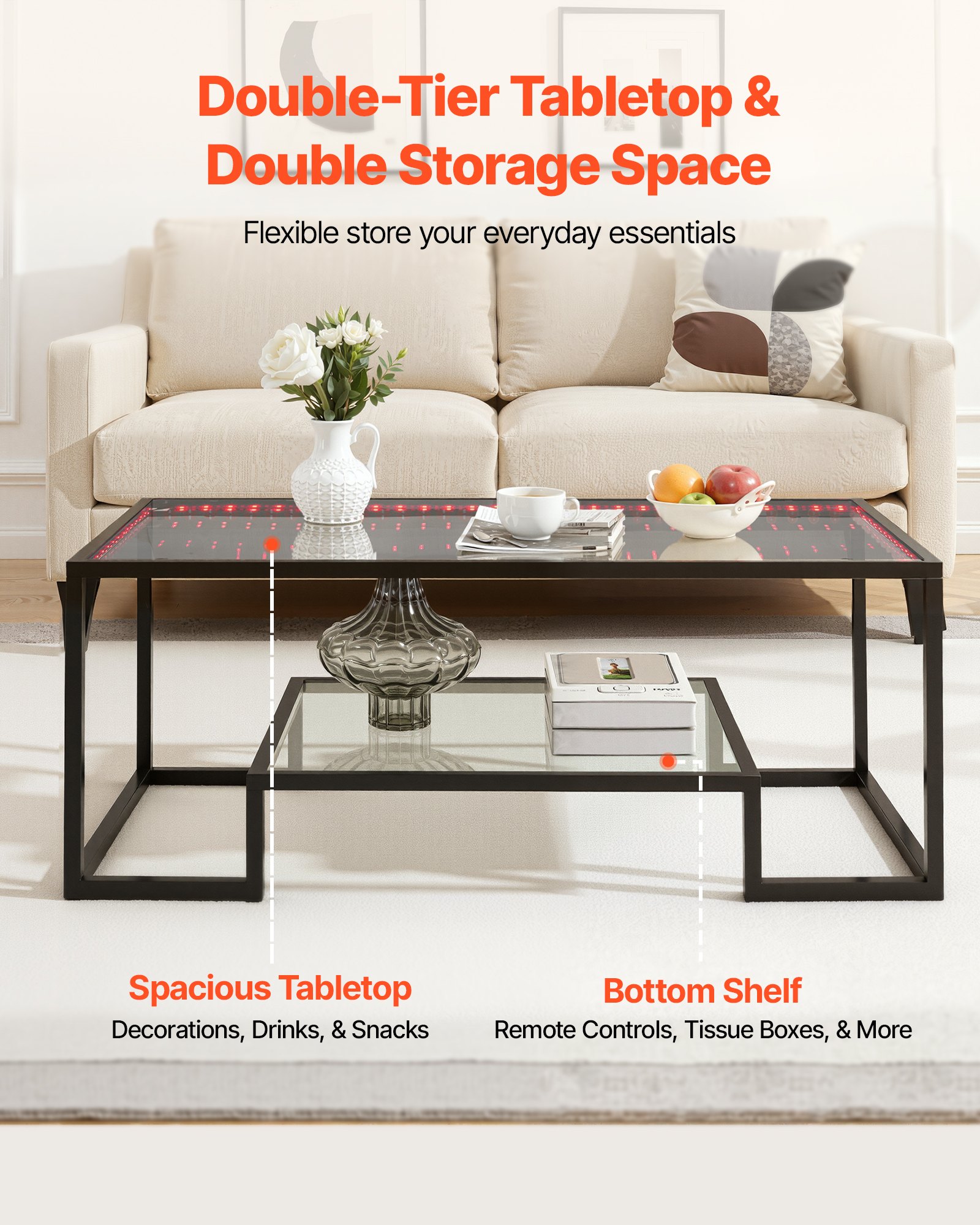 VEVOR Coffee Table, Modern Tempered Glass Coffee Table with Lighting, 2 ...
