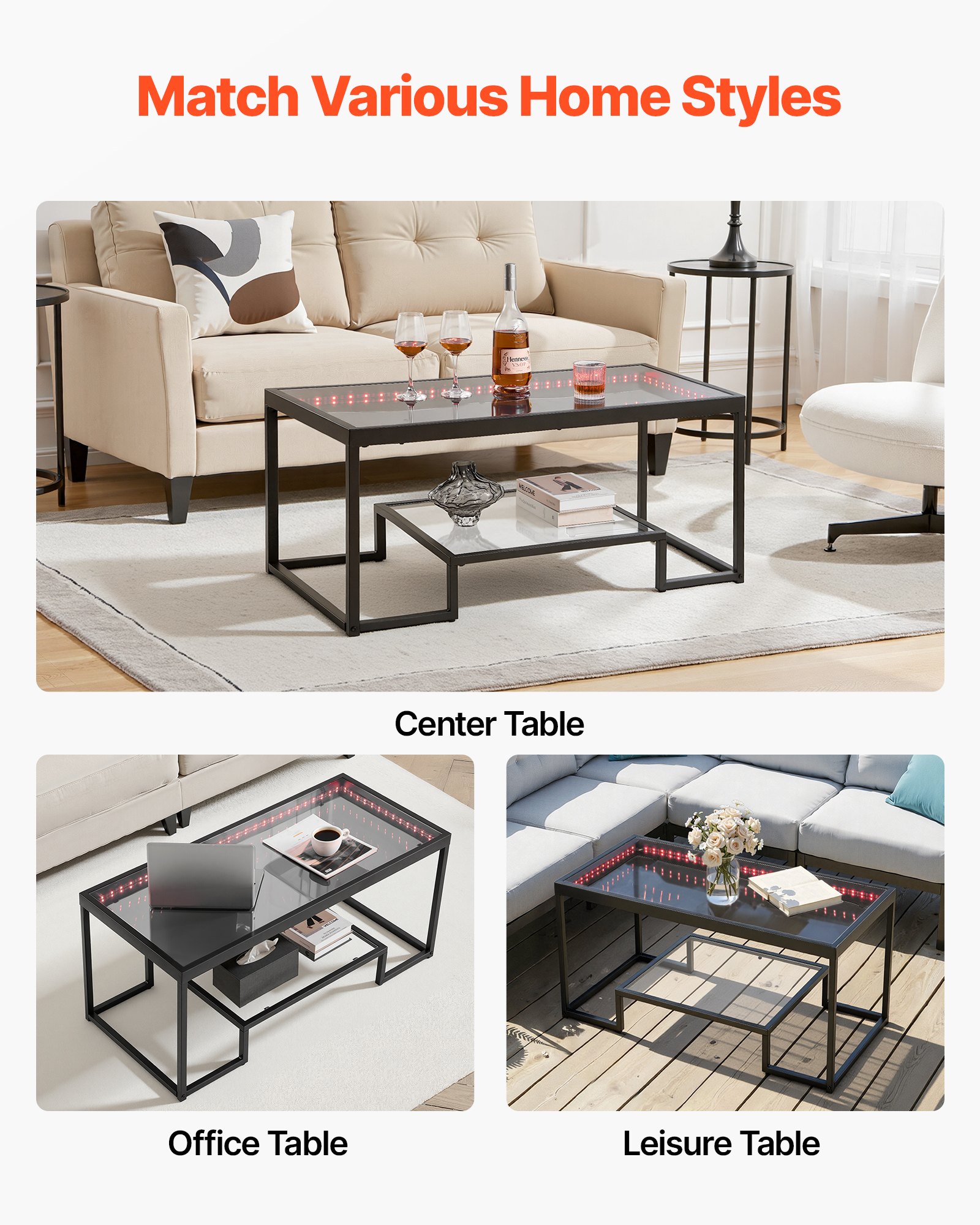 VEVOR Coffee Table, Modern Tempered Glass Coffee Table with Lighting, 2 ...
