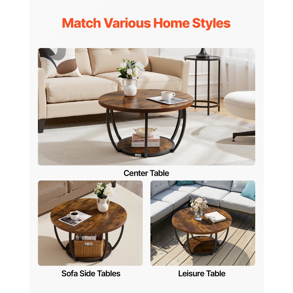 VEVOR Coffee Table, Modern Round Coffee Table, 2 Tiers Wooden Circle ...