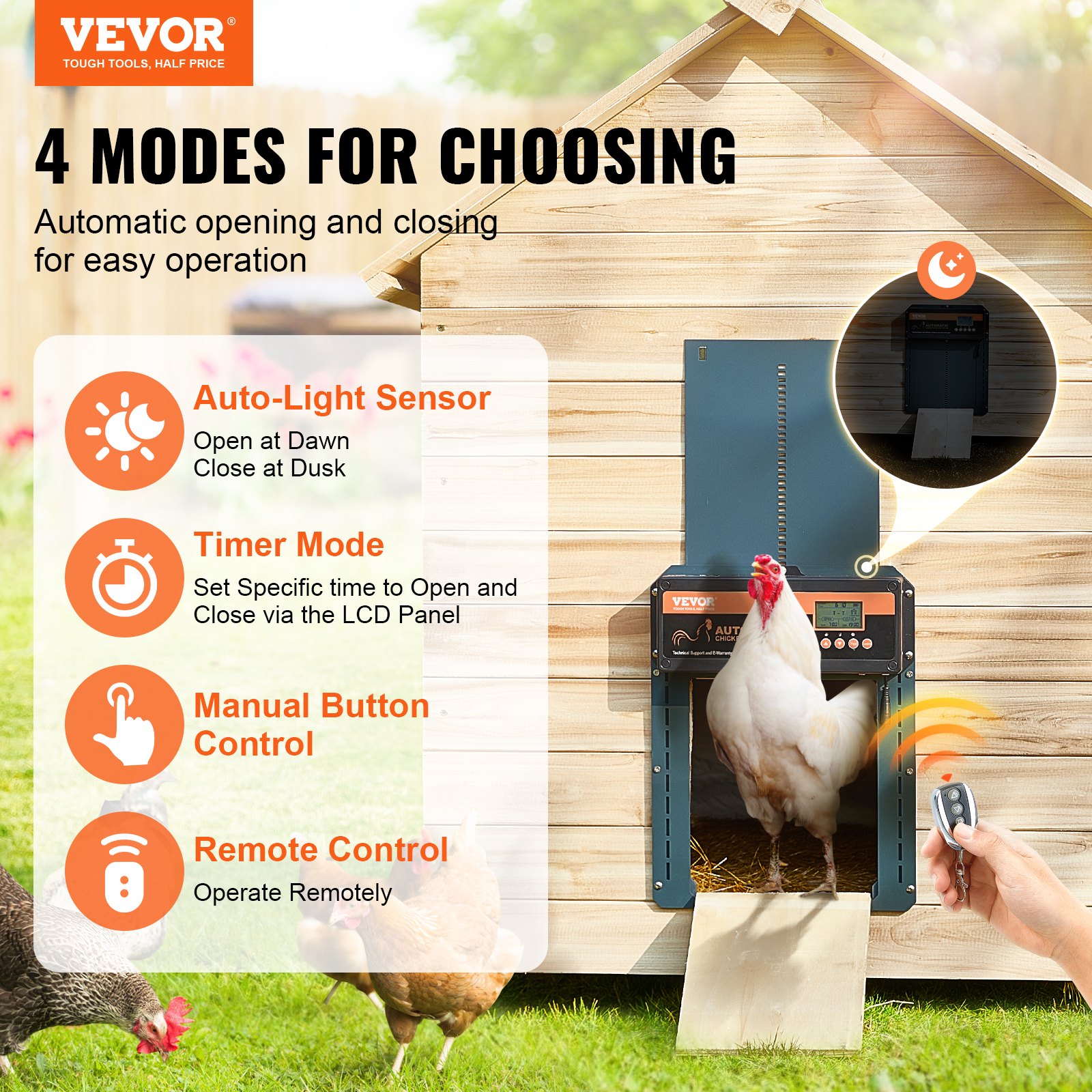 VEVOR Automatic Chicken Coop Door, Auto Chicken Door Opener with Timer