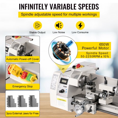 7x12 Mini Metal Lathe - Variable Speed 0-2250 RPM, 400W, 110V - ASF43E