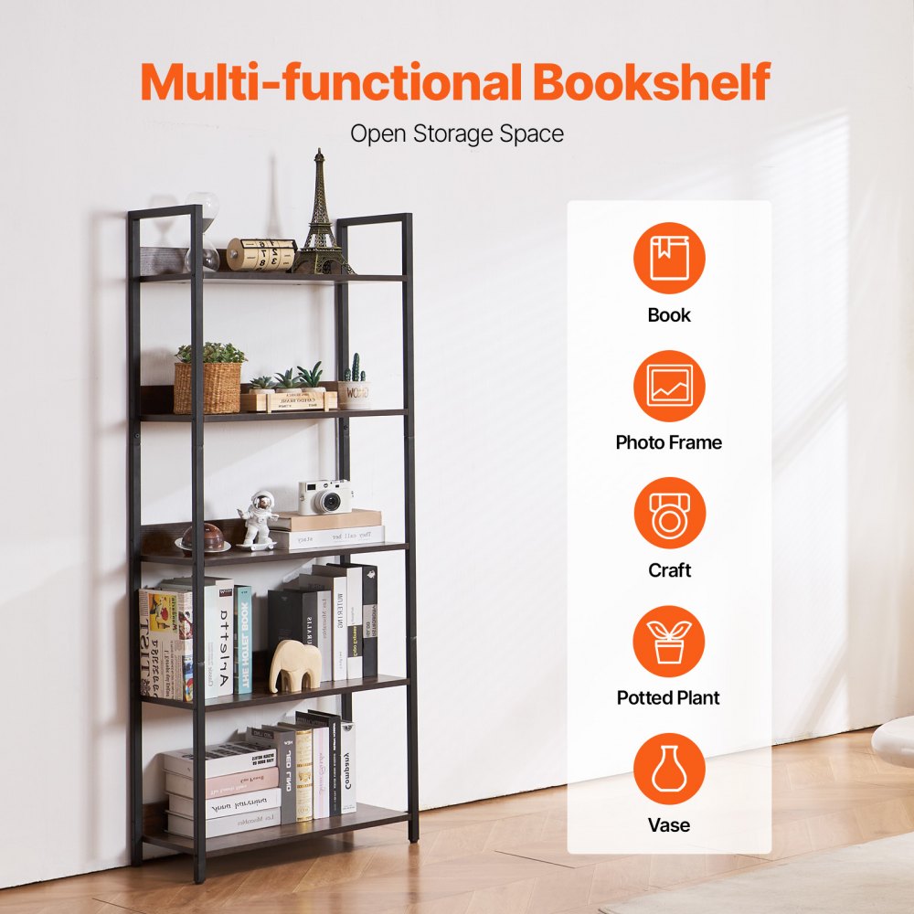 VEVOR Metal Bookshelf, 5-Tier Tall Industrial Bookshelf, Rustic Display ...
