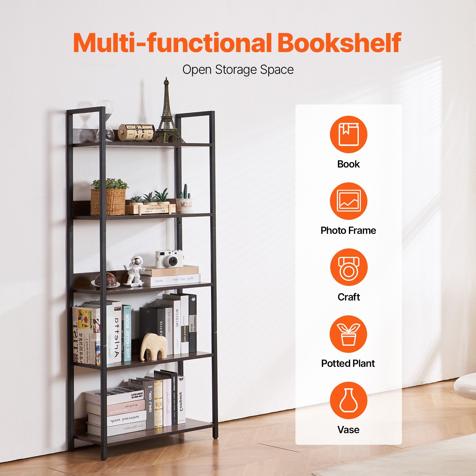 Visual Reference: Vevor Tall Metal Bookshelf 5 Tier Storage Wall Strap