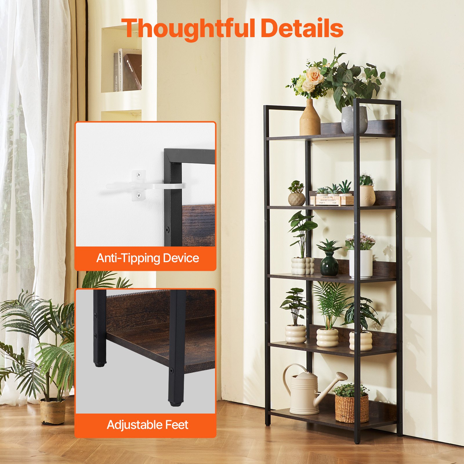 VEVOR Tall Metal Bookshelf — 5-Tier Storage & Wall Strap