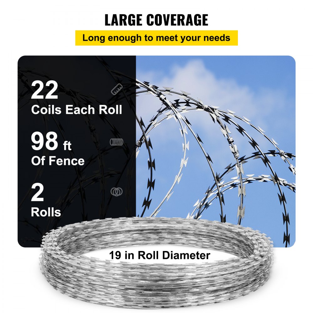 VEVOR Razor Wires, 98ft Razor Barbed Wire 2 Coils, 49 ft Per Roll Razor ...
