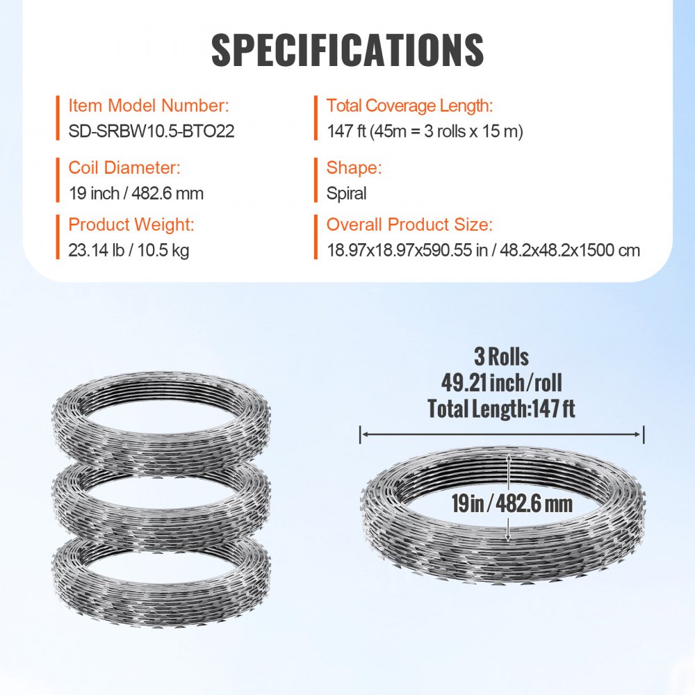 VEVOR Razor Wires, 147 ft Razor Barbed Wire, 3 Rolls Razor Wire Fencing ...