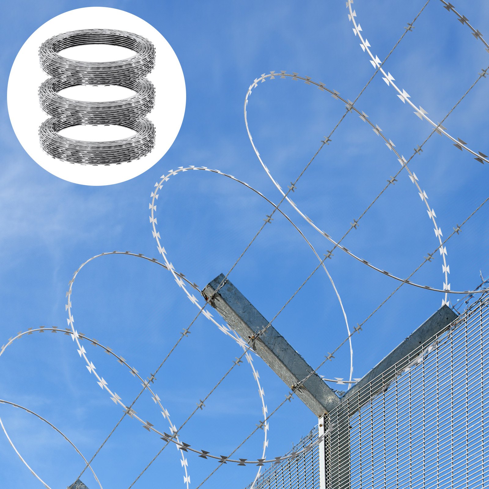 VEVOR Razor Wires, 147 ft Razor Barbed Wire, 3 Rolls Razor Wire Fencing ...