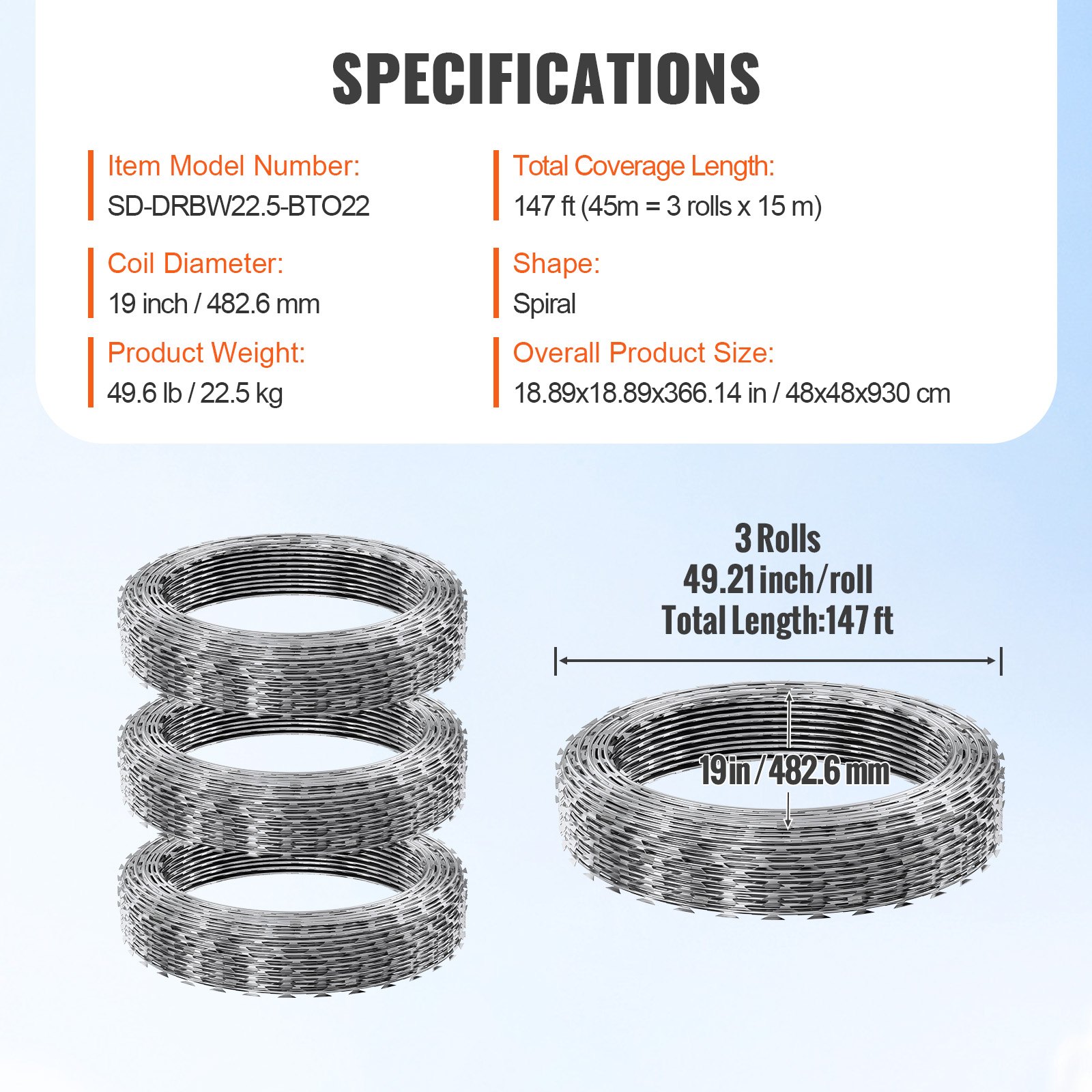 VEVOR Razor Wires, 147 ft Razor Barbed Wire, 3 Rolls Razor Wire Fencing ...