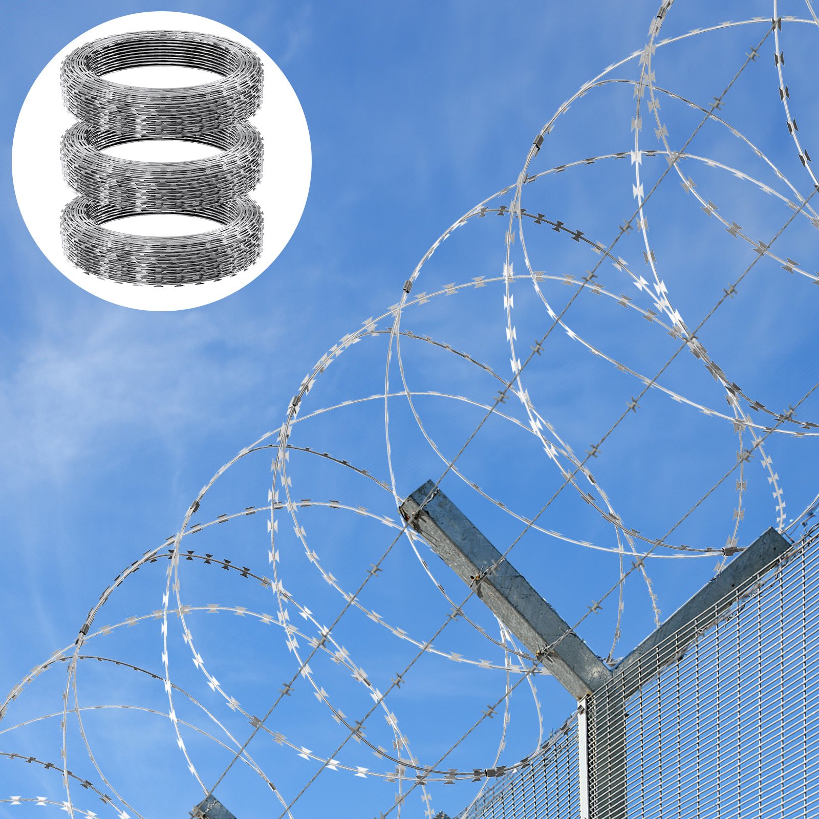 VEVOR Razor Wires, 147 ft Razor Barbed Wire, 3 Rolls Razor Wire Fencing ...