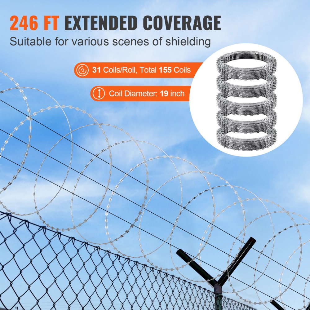VEVOR Razor Wires, 246 ft Razor Barbed Wire, 5 Rolls Razor Wire Fencing ...