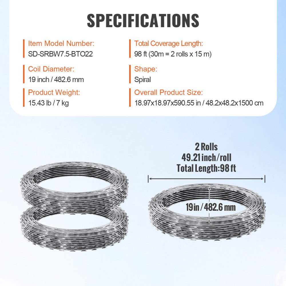 VEVOR Razor Wires, 98 ft Razor Barbed Wire, 2 Rolls Razor Wire Fencing ...