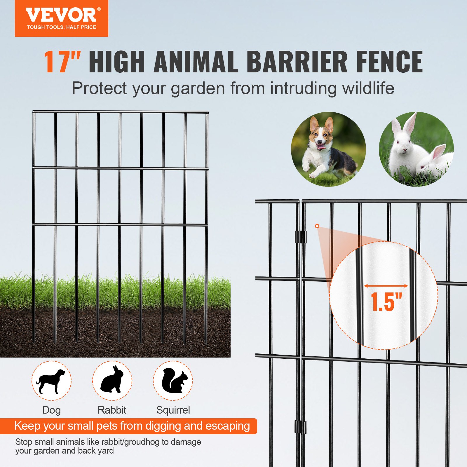 VEVOR Garden Fence, No Dig Fence 17''(H)x13''(L) Animal Barrier Fence ...