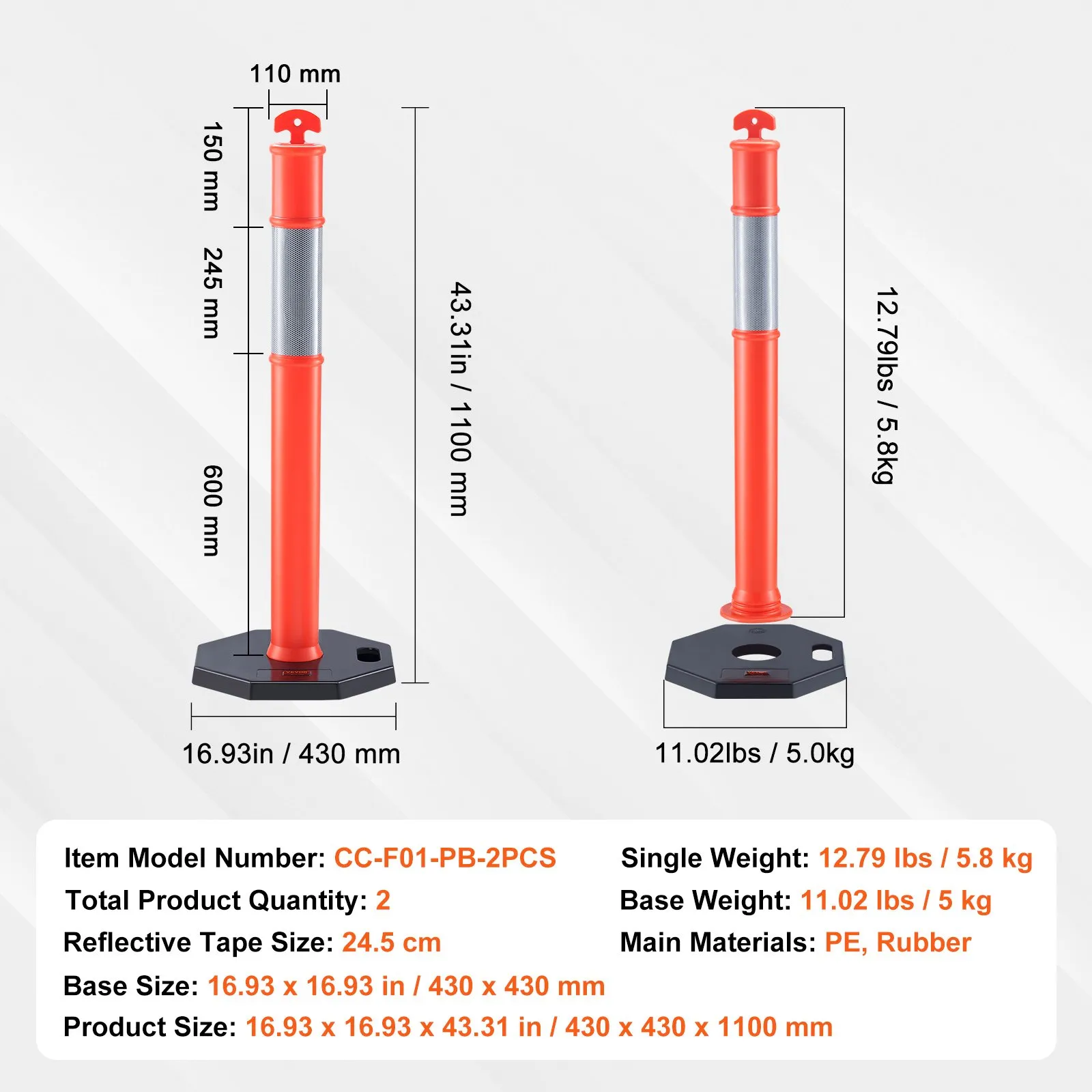 Rubber Post VEVOR Traffic Delineator Post Cones, 2 Pack, Traffic Safety Delineator ...