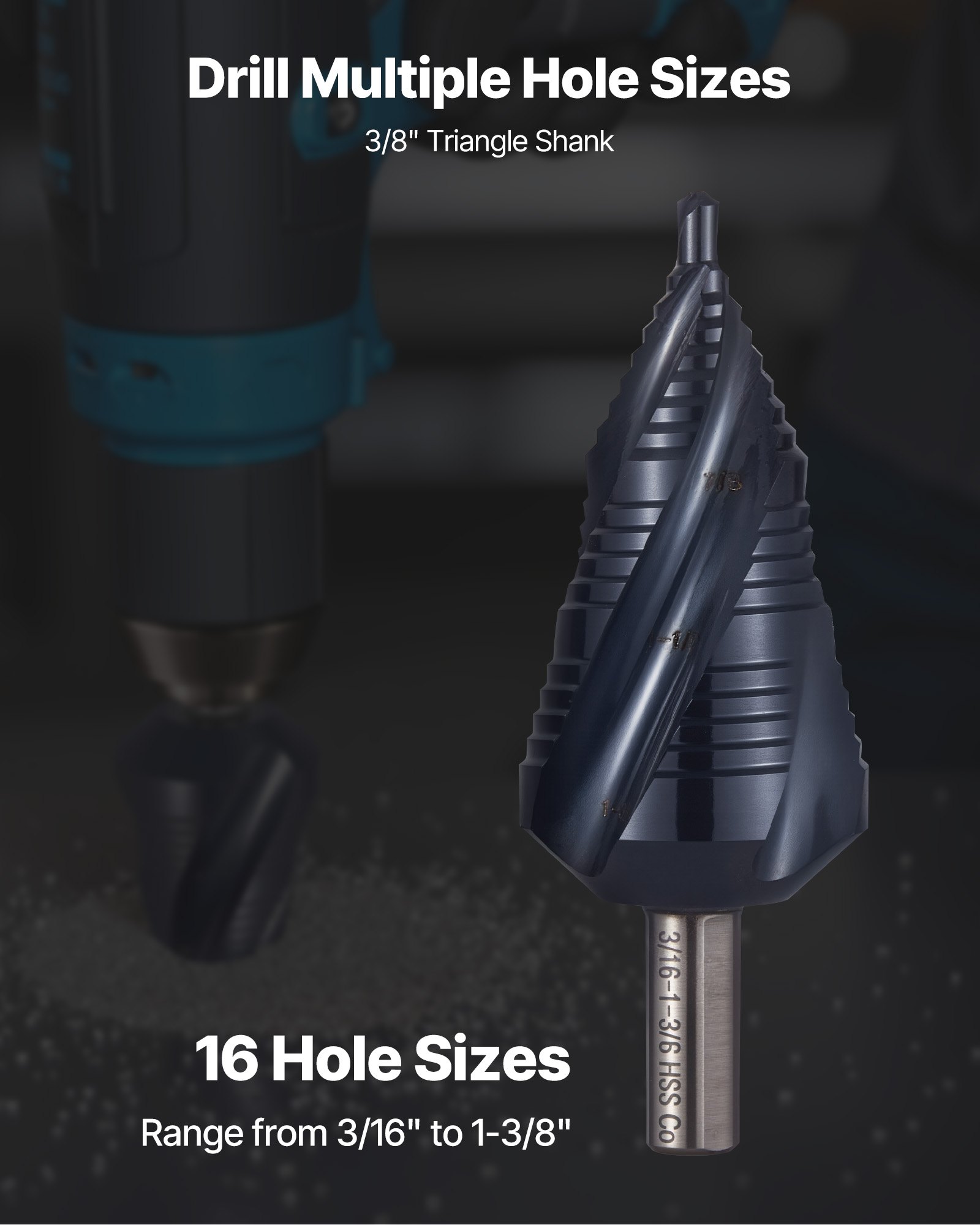 VEVOR Step Drill Bit, 3/16 to 1-3/8 inch, 3/8 inch Triangular Shank ...