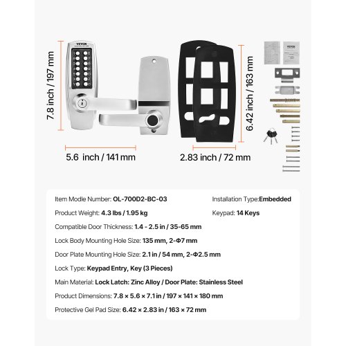 Mechanical Keyless Entry Door Lock 14 Key Mechanical Door Lock with Key ...