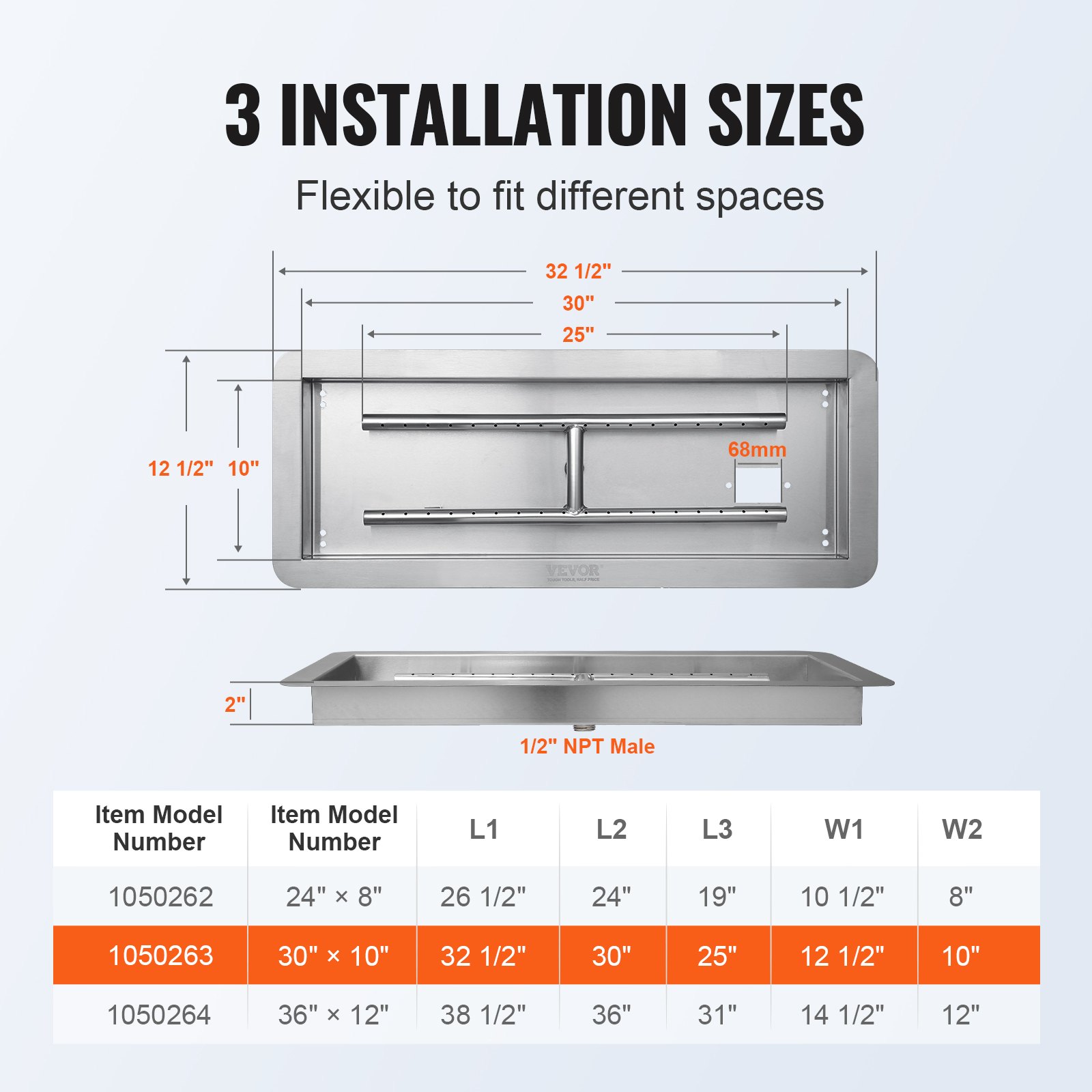 VEVOR 30 x 10 inch Drop-in Fire Pit Pan, Rectangular Stainless Steel ...