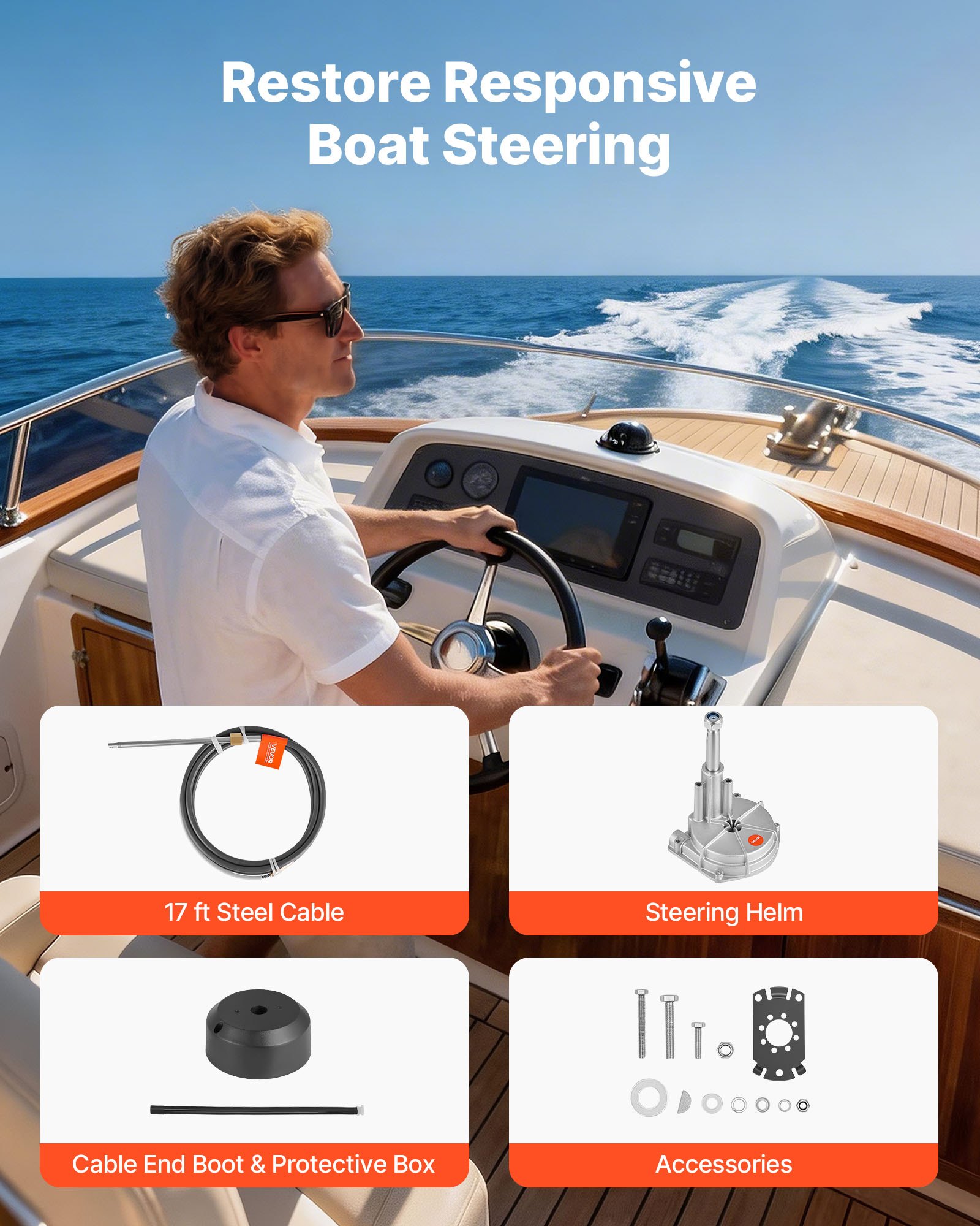 VEVOR Boat Steering System, 17 ft Boat Control Cable Outboard Rotary ...