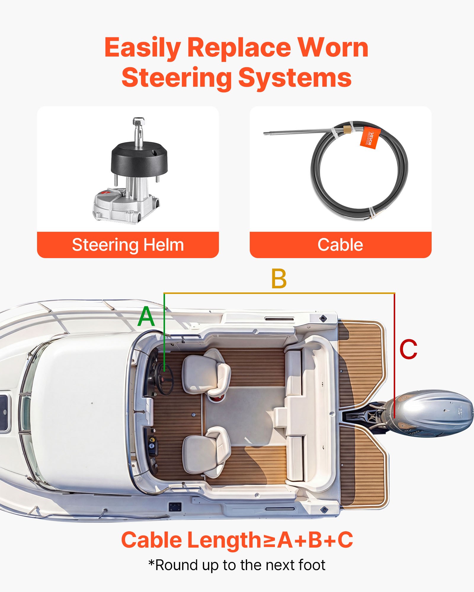 VEVOR Boat Steering System, 17 ft Boat Control Cable Outboard Rotary ...