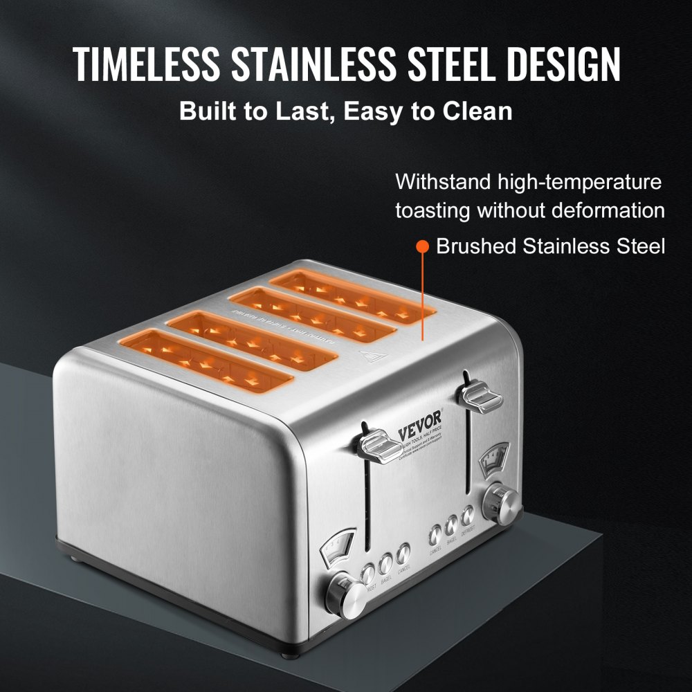 Vips Toaster VEVOR Retro Stainless Steel Toaster, 4 Slice, 1625W 1.5'' Extra Wide ...