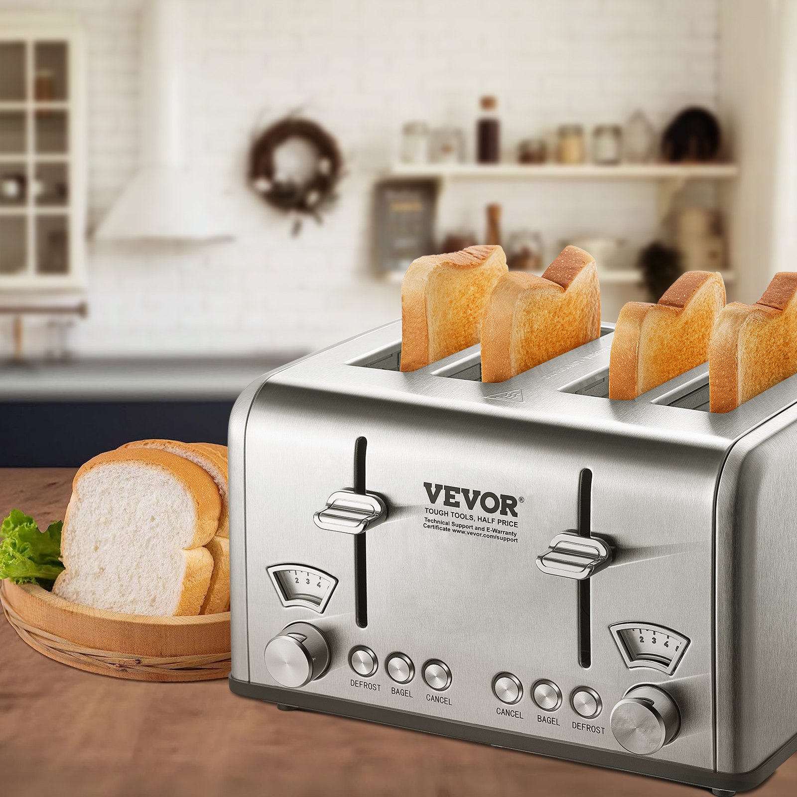 VEVOR Retro Stainless Steel Toaster, 4 Slice, 1625W 1.5'' Extra Wide ...