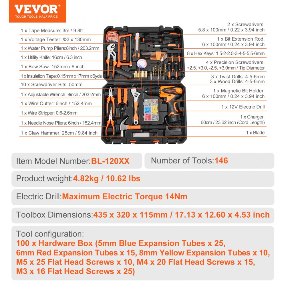 VEVOR Tool Kit, 146 Piece General Household Hand Tool Set, with