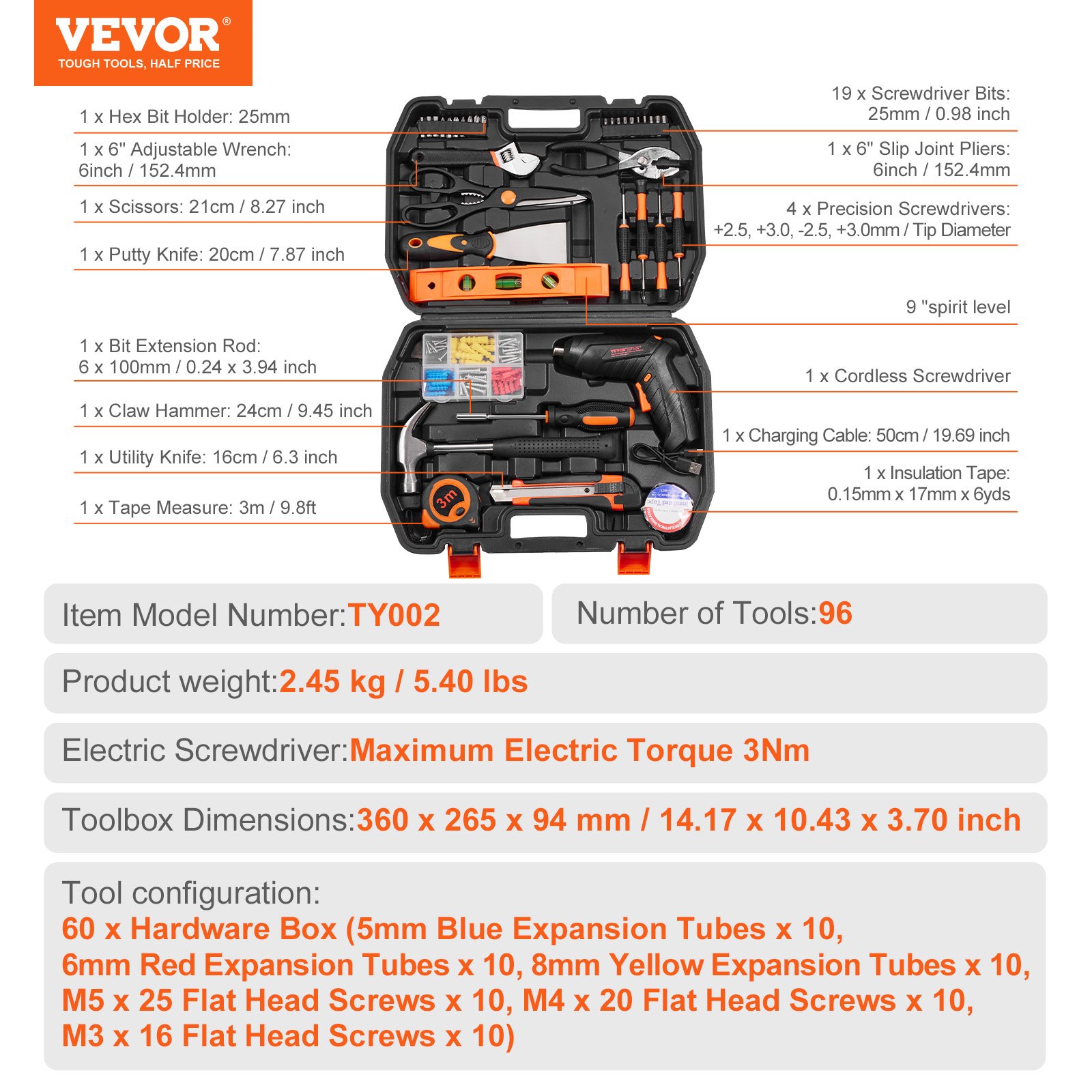 VEVOR Tool Kit 96 Piece Household Hand Tool Set Cordless Screwdriver