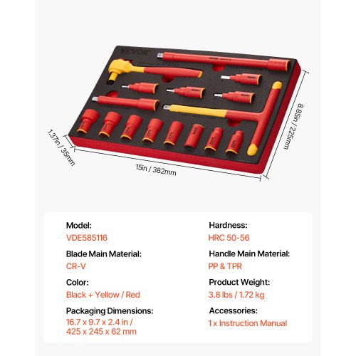 VEVOR Insulated Socket Set – 16-Piece, 1000V Wrench Tool