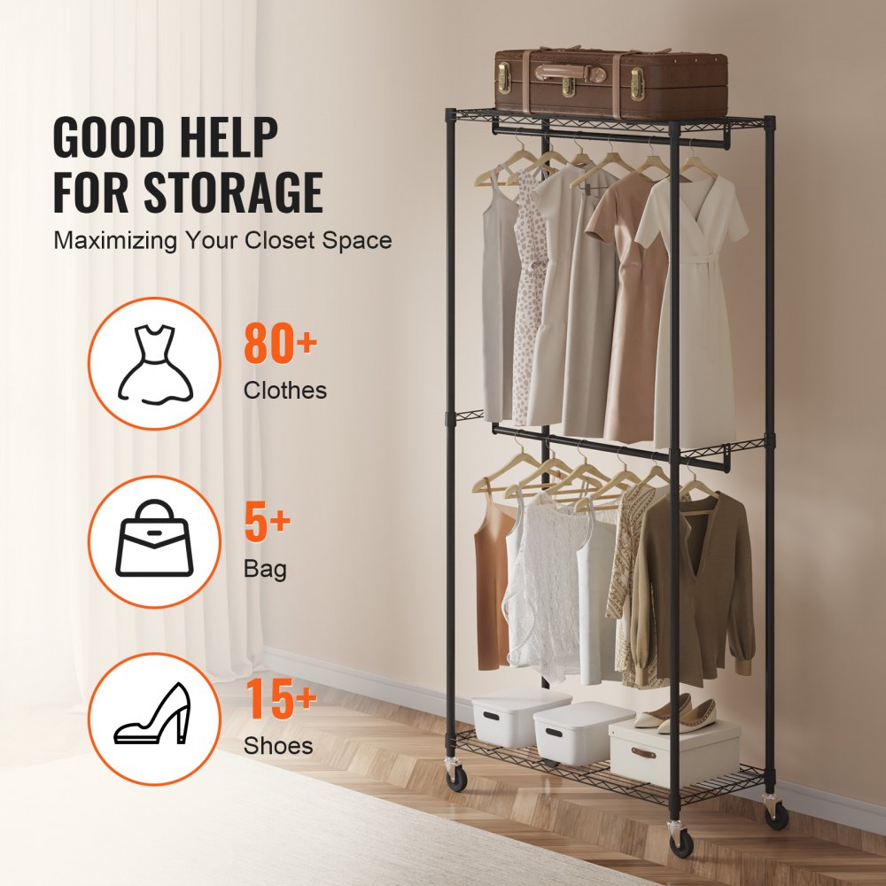 VEVOR Heavy Duty Clothes Rack, Double Hanging Rods Clothing Garment ...