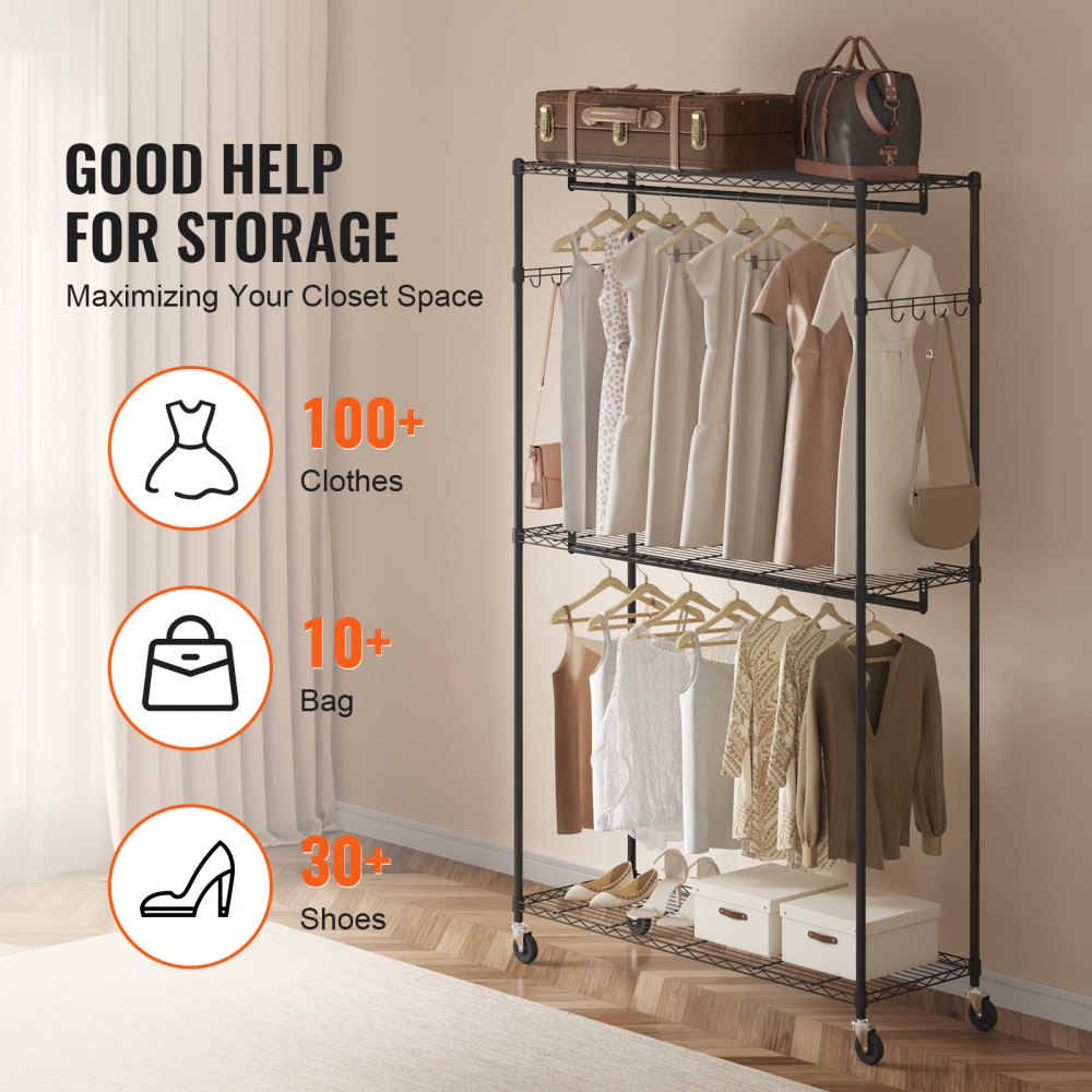 VEVOR Heavy Duty Clothes Rack, Rolling Clothing Garment Rack with 3 ...