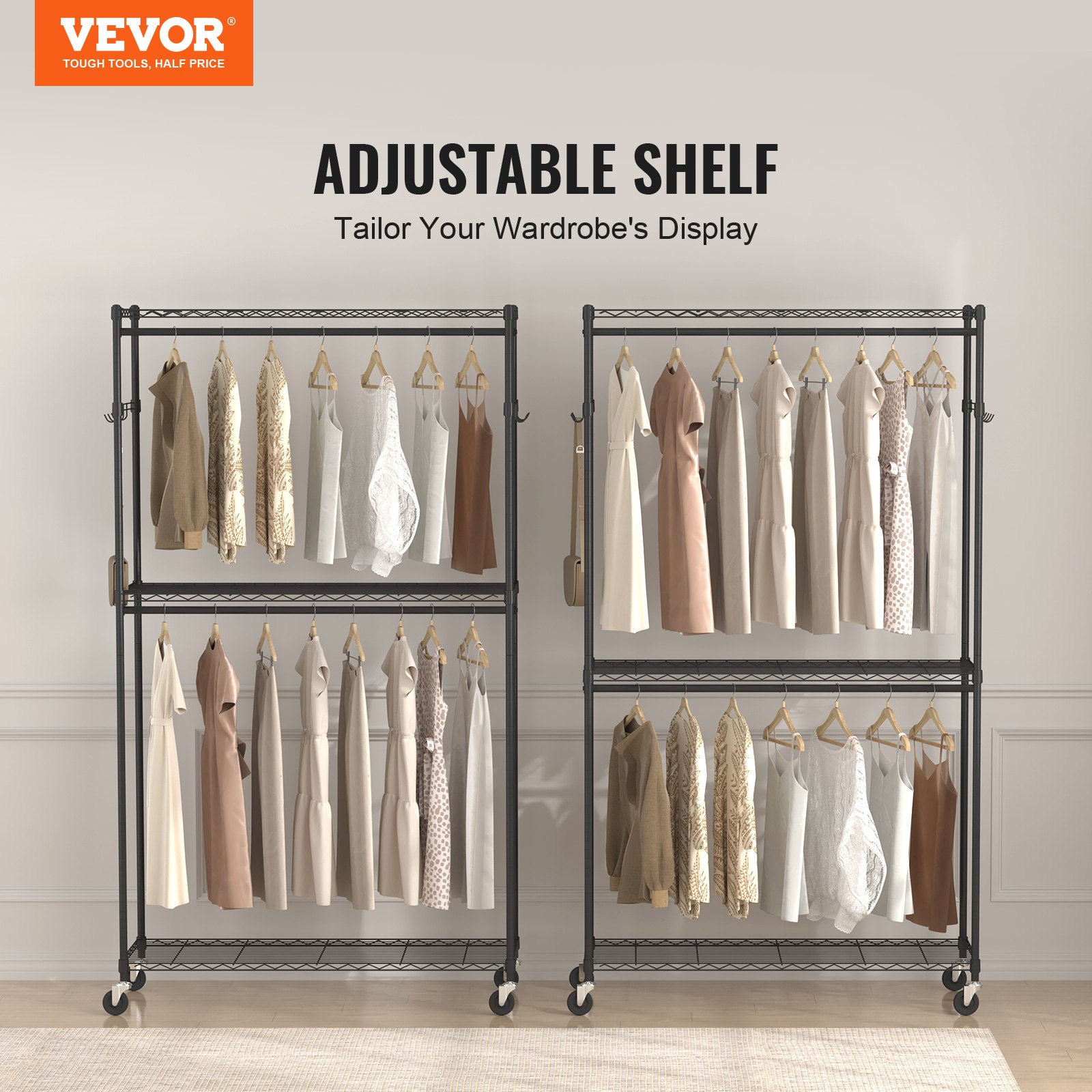 VEVOR VEVOR Heavy Duty Clothes Rack, Rolling Clothing Garment Rack with 3 Storage Tiers, 2 Rods