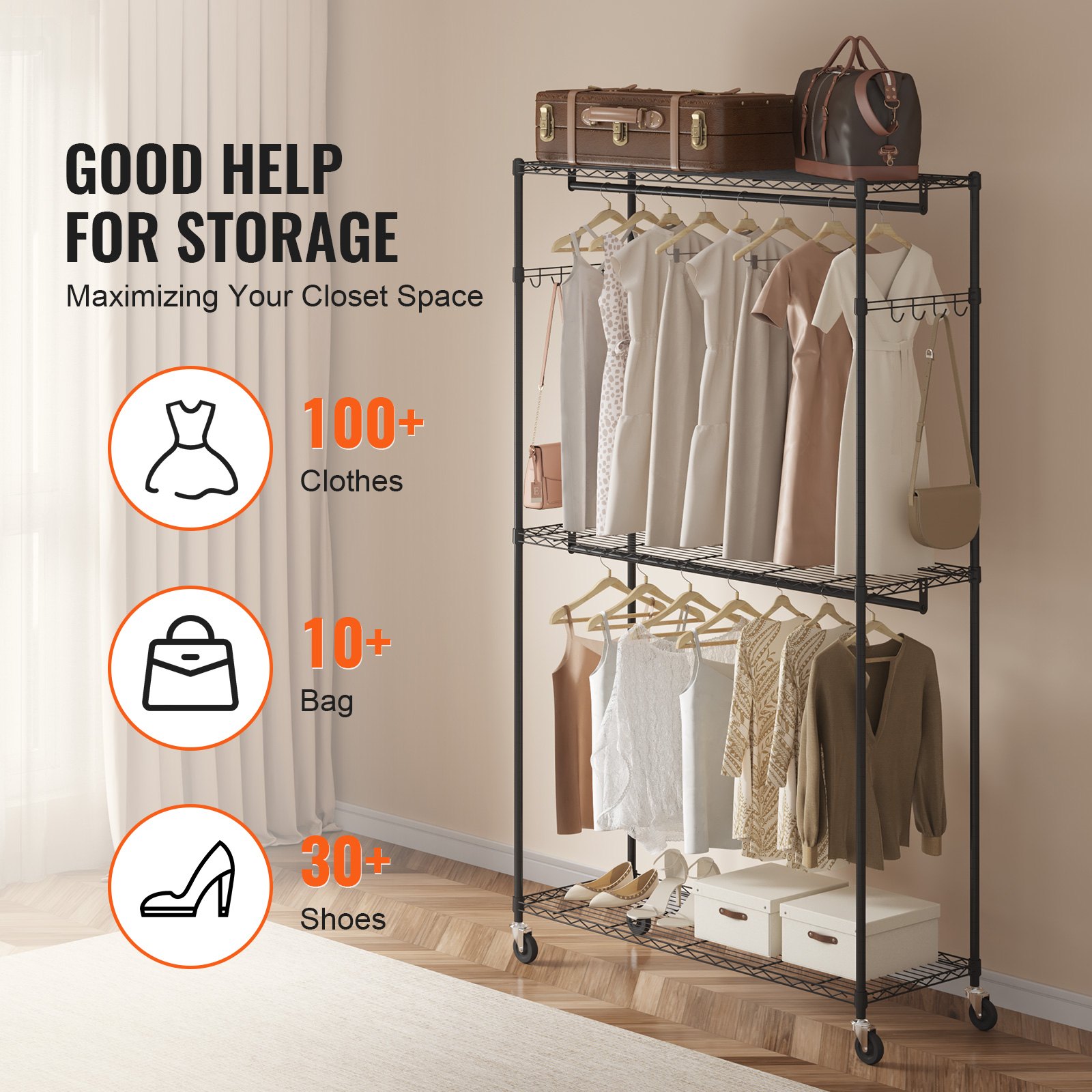 VEVOR Heavy Duty Clothes Rack, Rolling Clothing Garment Rack with 3 ...