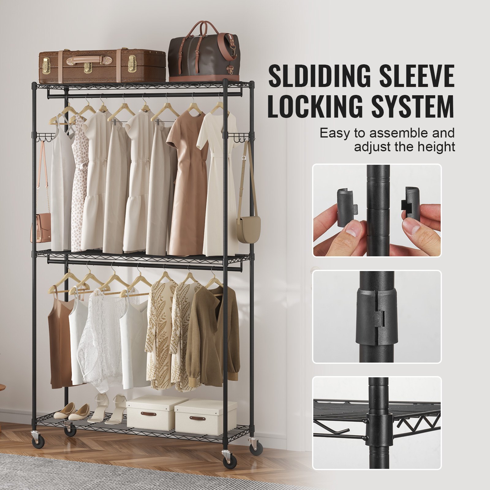 Cold Rack For Clothes VEVOR Heavy Duty Clothes Rack, Rolling Clothing Garment Rack with 3 ...