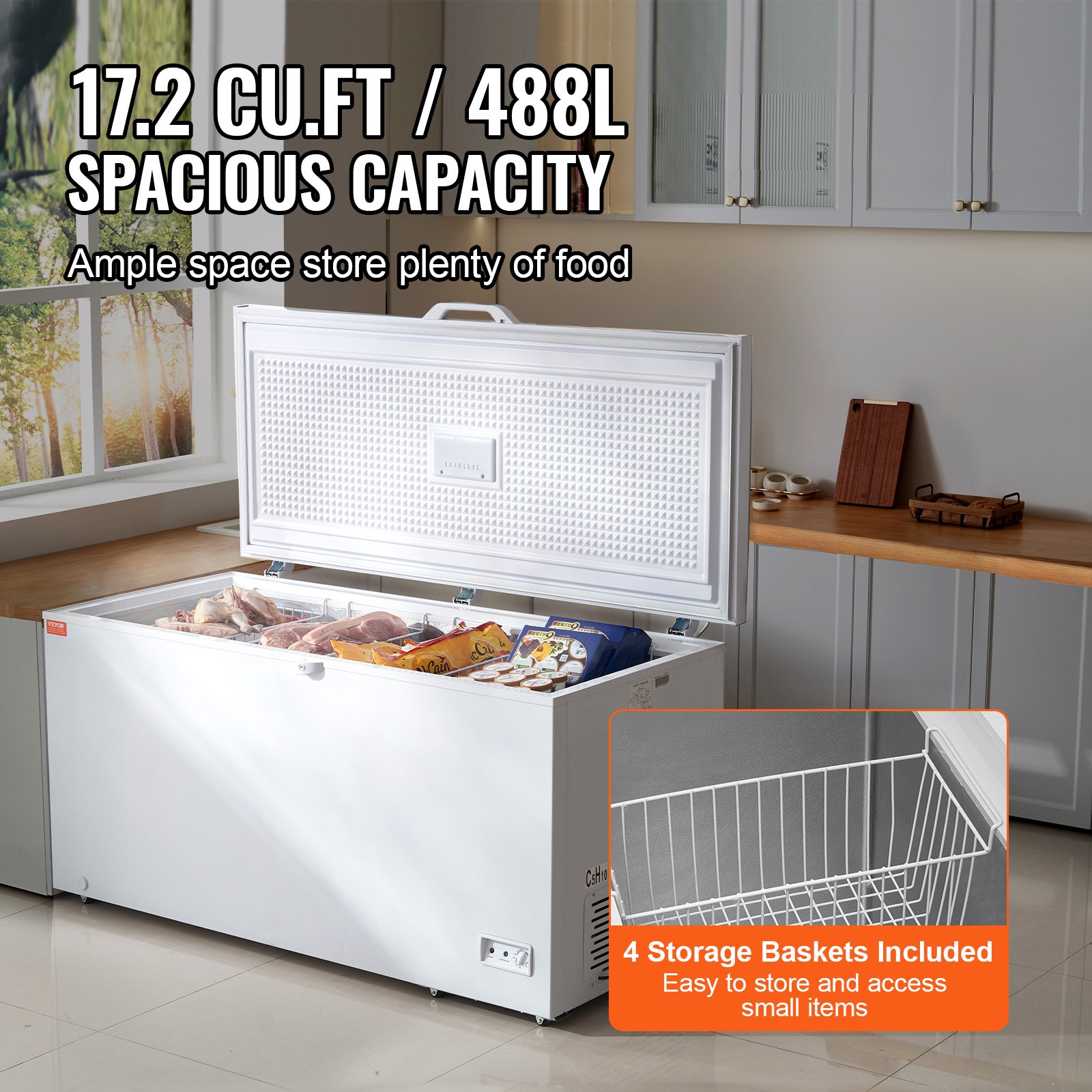 Walk In Chest Freezer VEVOR Chest Freezer, 17.2 cu.ft / 488 L Large Deep Freezer & 4 ...
