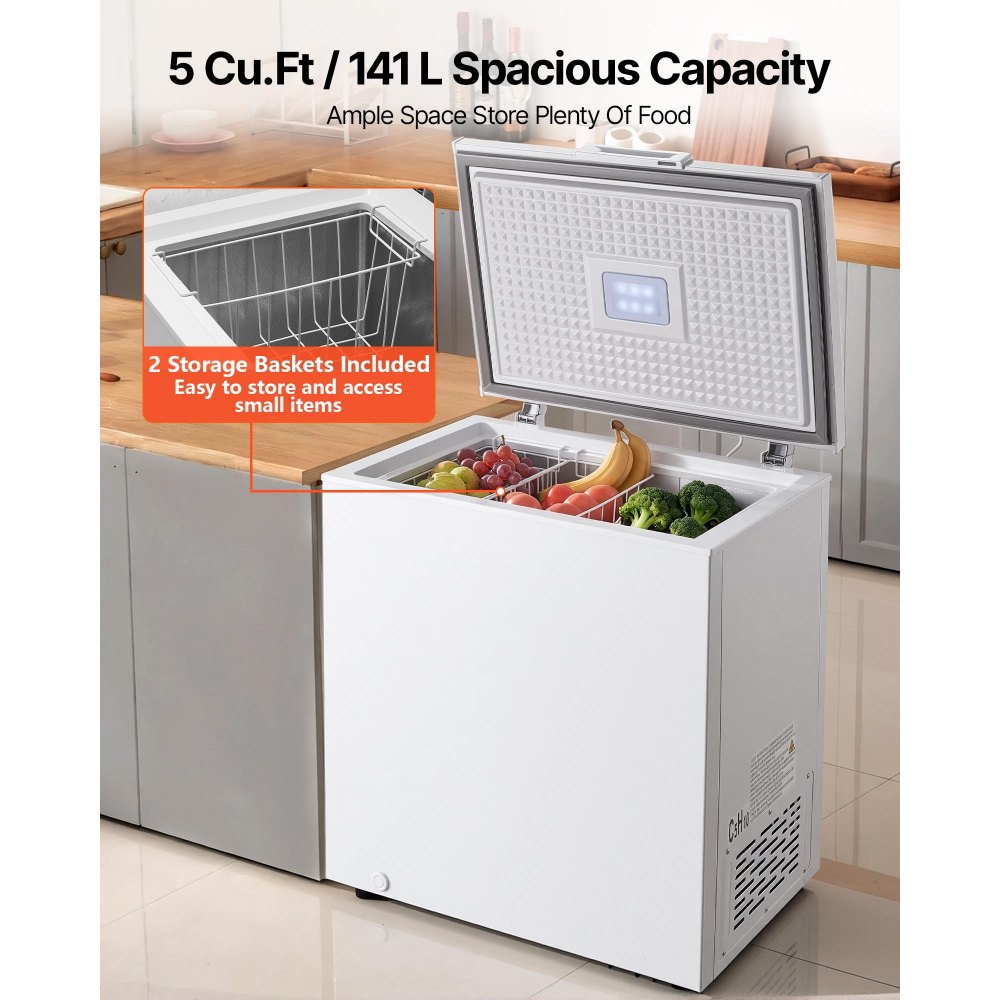 VEVOR Chest Freezer, 5 Cu.ft Compact Deep Freezer, Free Standing Top ...