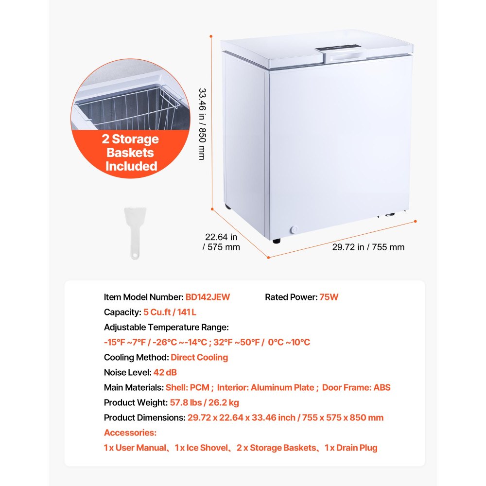 VEVOR Chest Freezer, 5 Cu.ft Compact Deep Freezer, Free Standing Top ...