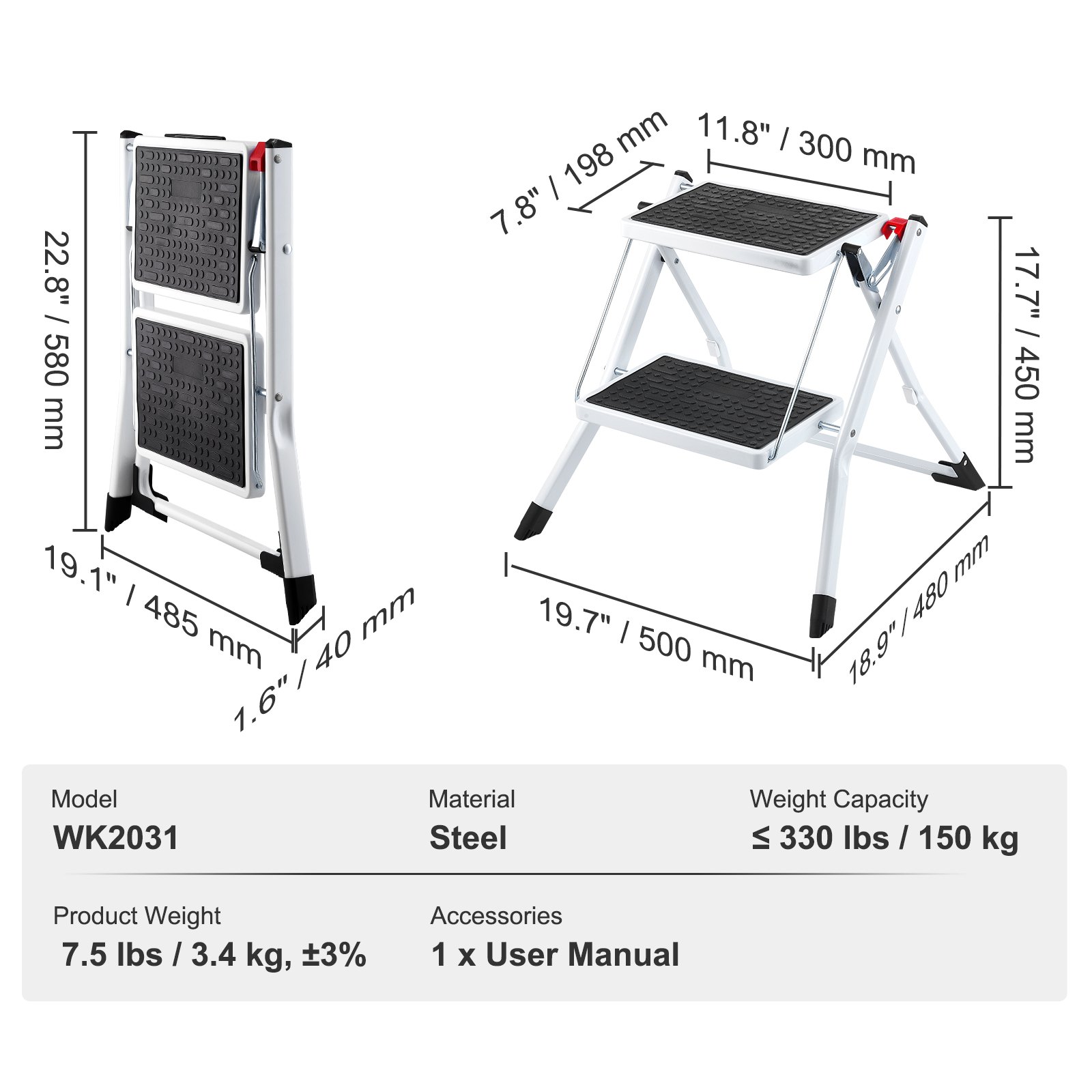Stool Ladder Storage VEVOR Step Ladder 2-Step 330lbs Capacity, Ergonomic Folding Steel Step ...