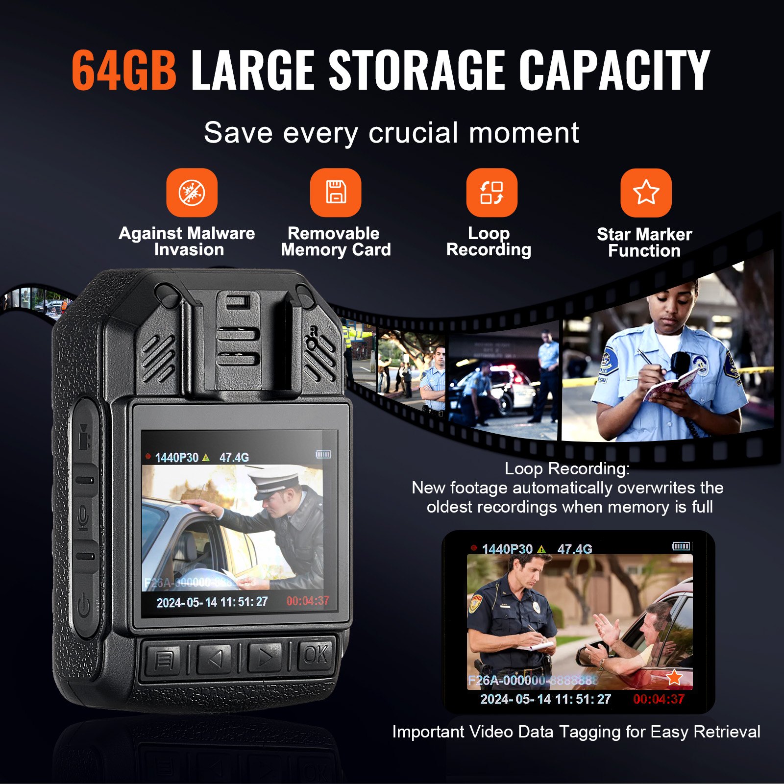 VEVOR 1440P HD Police Body Camera, 64GB Body Cam with Audio Video ...