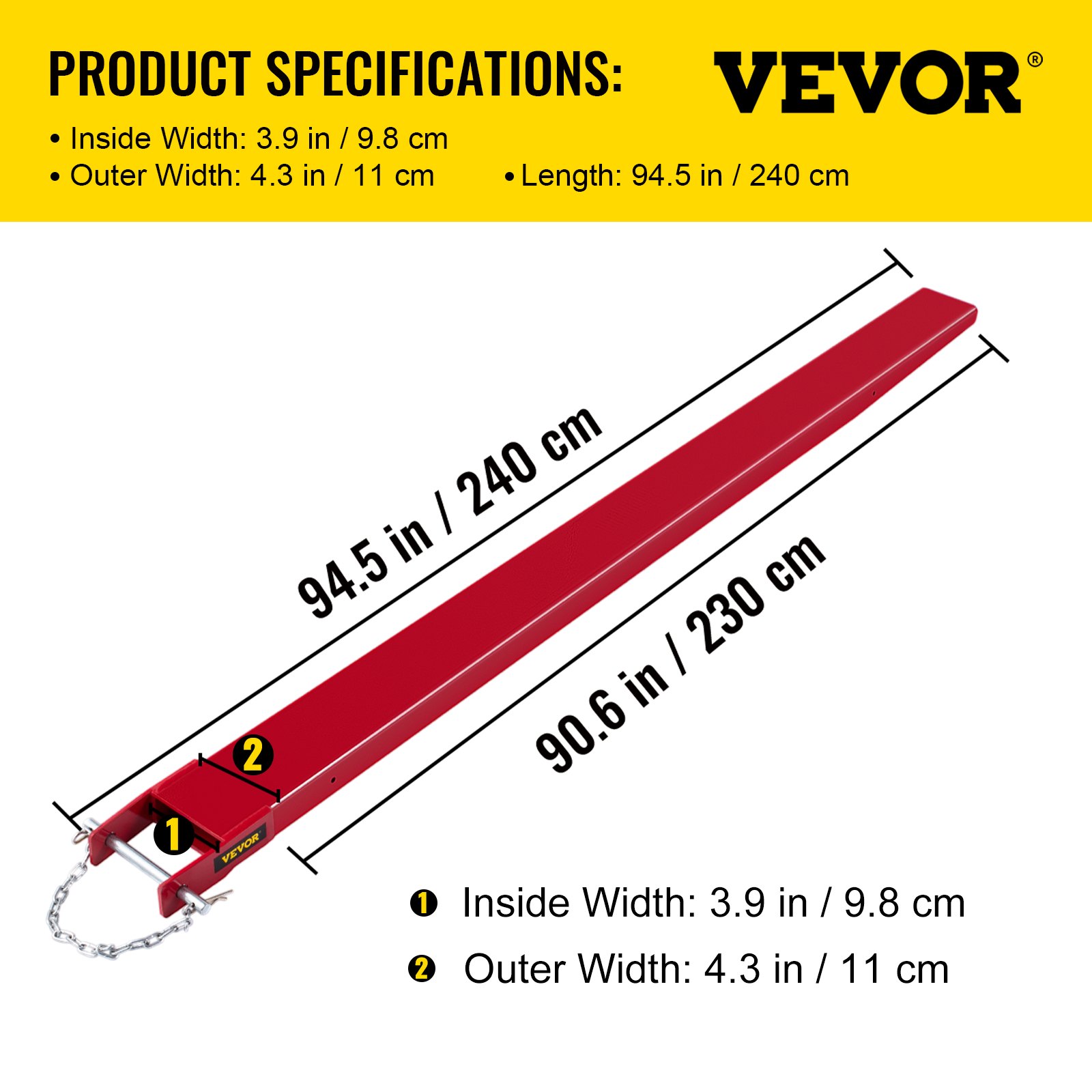 VEVOR Forklift Pallet Fork Extensions, 96" Length x 4" Width Forklift