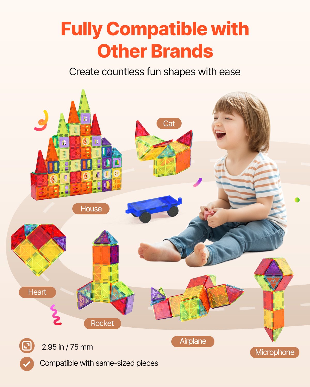 VEVOR Magnetic Tiles, 180 PCS Magnetic Building Blocks for Kids, Magnet ...