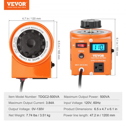 VEVOR 500VA Auto Variable Voltage Transformer, 3.84 Amp, 110V