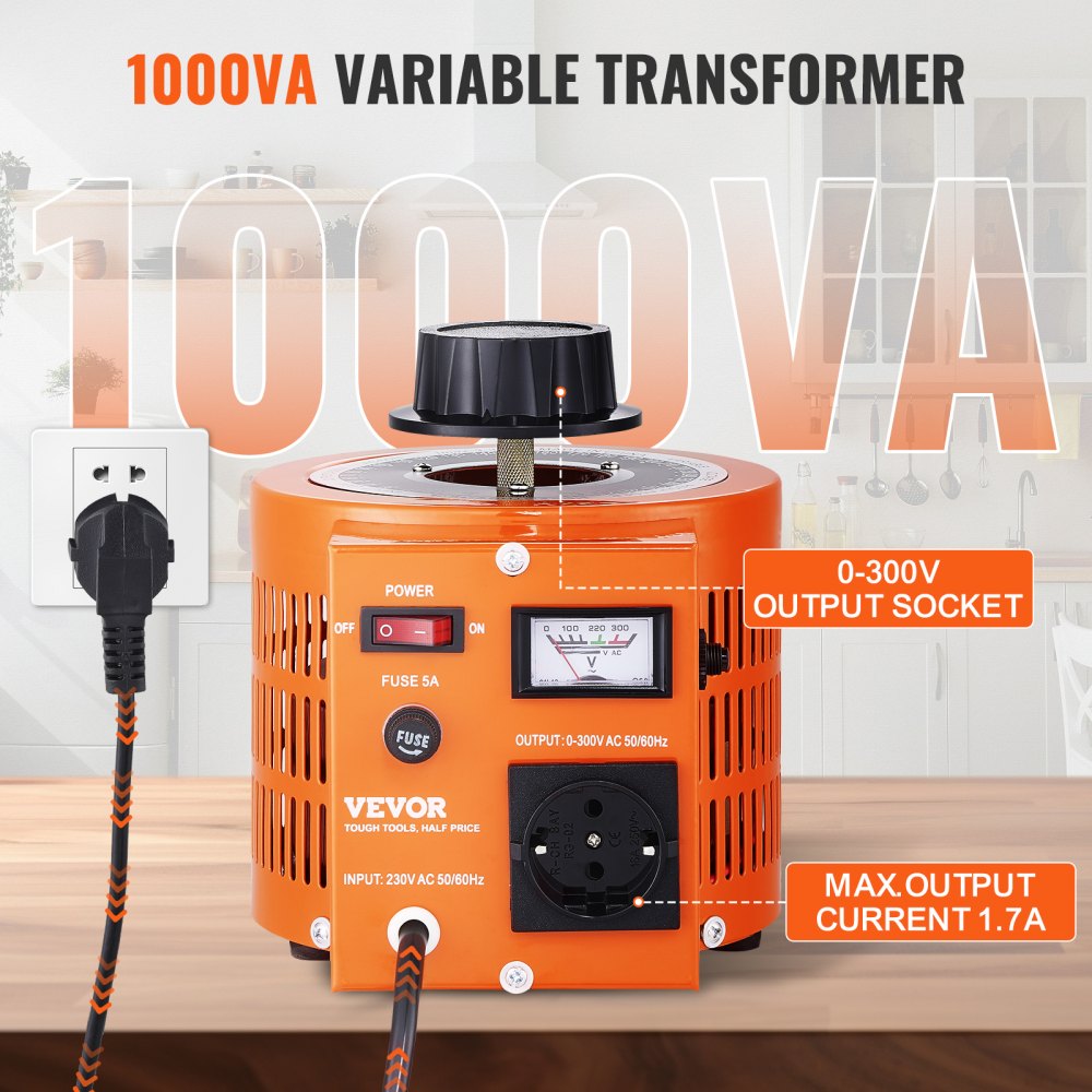 VEVOR 1000VA Variable Voltage Transformer 3.3A 0-300V AC Voltage ...