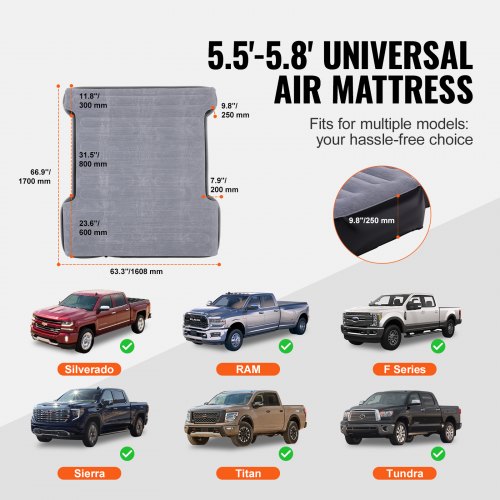 Truck Bed Air Mattress, For 6-6.5 Ft Full Size Truck Beds, Inflatable Air Mattress Camping Bed With 12V Air 2 Pillows, Carry Bag, For Chevrolet Silverado, Dodge Ram, Ford