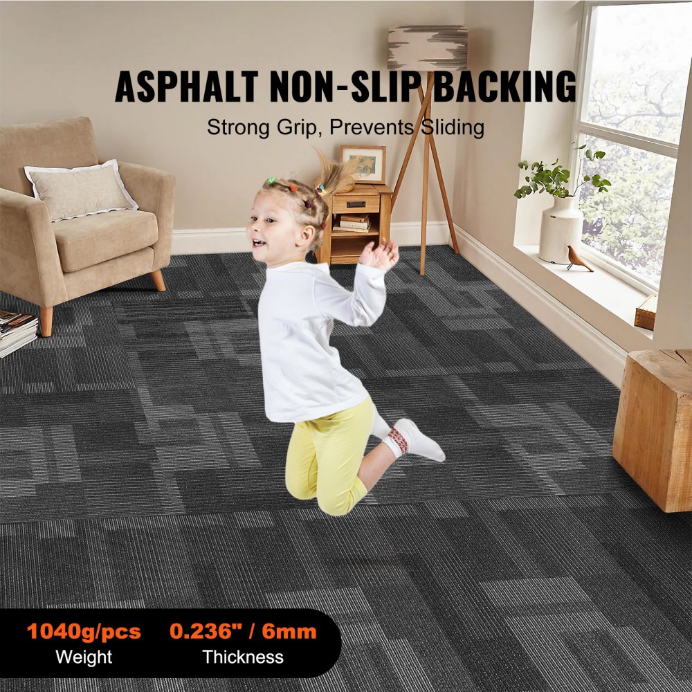 Reusable Carpet Tiles – 24x24 Inch, 18-Pack Commercial Carpet Squares, Non-Slip Soft Padded Flooring (Grey, 72 Sqft)