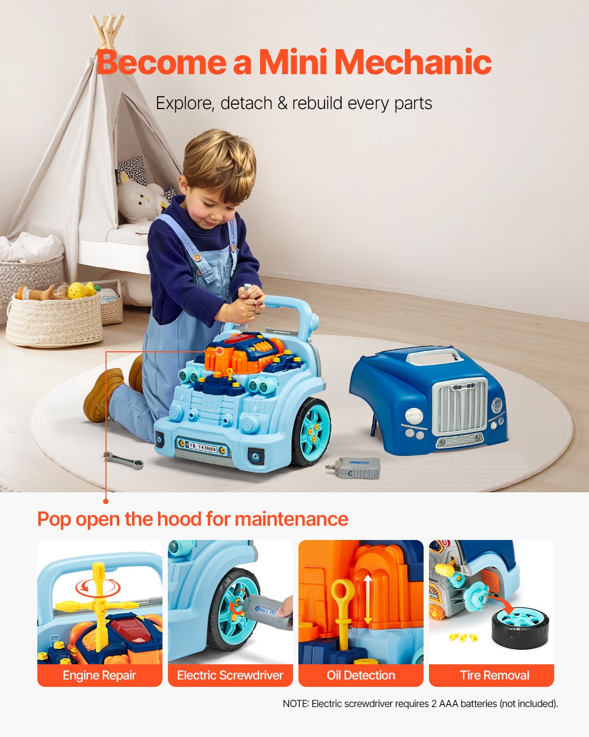 VEVOR Engine Toy, 60 Pieces, Kids Mechanic Car Repair Set with ...