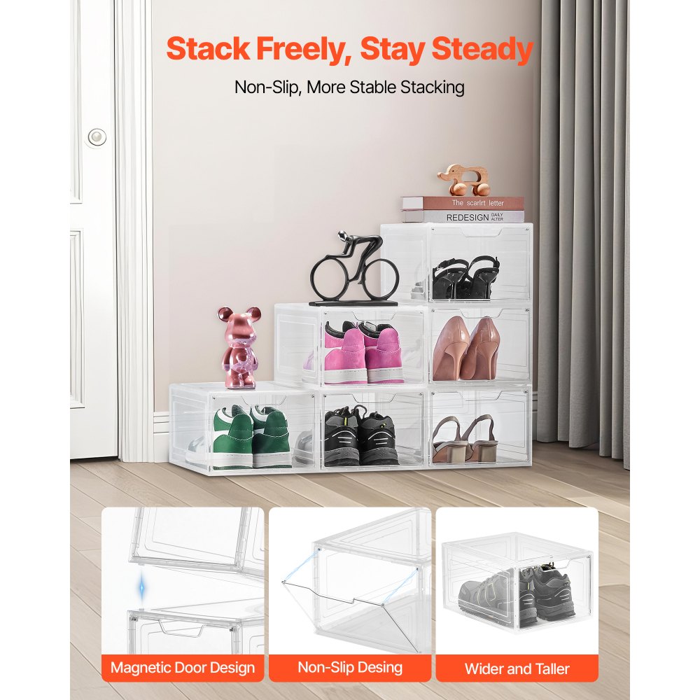 VEVOR Shoe Storage Boxes, 6 Pack Clear Stackable Shoe Boxes Storage ...